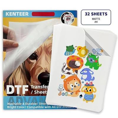 32 Sheets DTF Transfer Film, A4 Double-Sided Matte Clear Pretreat Sheets, PET Heat Transfer Paper for All DTF Printer,Direct Print On Tshirts Textile