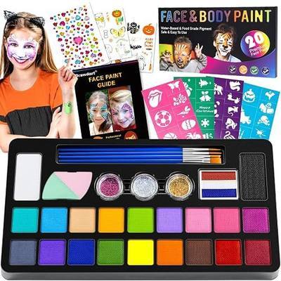 Drawdart Face Painting Kit for Kids - 20 Colors Water Based Non-Toxic Paint With Stencils & Brushes - Professional Body Makeup Kit for Parties, Birthdays, Halloween