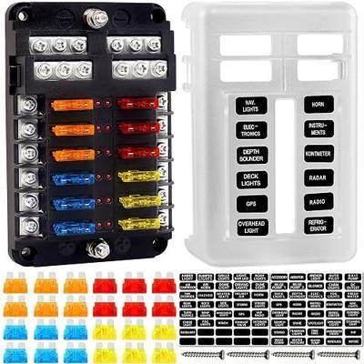 Fuse Block, 12v Fuse Box Holder with Led Indicator Waterproof Cover, Cyrico 12 Circuits Panel with Negative Bus for 12V/24V Automotive Car Truck Boat Marine Rv Trailer, 24 Pcs Blade Inserts
