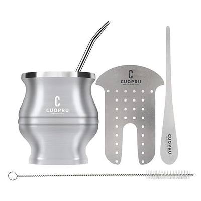Cuopru Yerba Mate Cup - Mate Gourd Set Includes Double Walled Stainless Steel Tea Cup, Tea Shaper set, Bombilla Straws, Cleaning Brush (Silver)