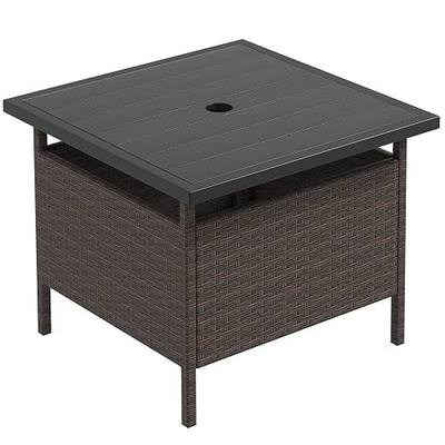 Giantex Umbrella Table, Outdoor Side Table with 2" Umbrella Hole, Rattan Umbrella Stand Holder, Heavy Duty Metal Frame, Patio Bistro Table for Deck Garden Poolside, Mix Brown (HDPE Tabletop)