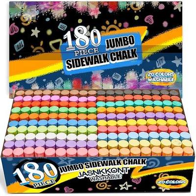 180 Pack Washable Sidewalk Chalk in 20 Colors, Jumbo Outdoor Chalk Bulk Set | 20 Bright Non-Toxic Colors Wash Away Easily after Pavement Art, Class or Blackboard Games, for Kids, Toddlers and Adults