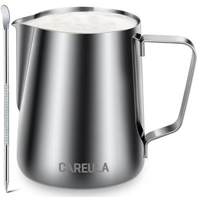 Milk Frothing Pitcher, 12oz Stainless Steel Milk Frother Cup Steaming Pitcher, Coffee Bar Cappuccino Espresso Machine Accessories Barista Tools, Metal Pitcher Milk Jug with Decorating Latte Art Pen
