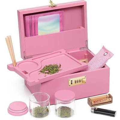 OZCHIN Large Bamboo Box with Combination Lock Decorative box for Home Great Gift Choice Storage Lockbox with Storage Jar, Gifts for Men Women (Pink, 10 x 6.9 x 5 inches)