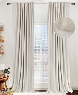100% Blackout Shield Linen Blackout Curtains for Bedroom 96 Inches Long, Back Tab/Rod Pocket Living Room Drapes, Thermal Insulated Blackout Curtains 2 Panels Set, 50" W x 96" L, Bright White