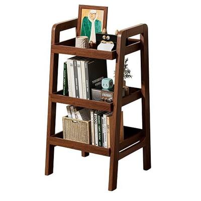 100% Solid Wood 3-Tiers Ladder Shelf, Small Bookcase, Ladder Bookshelf, End/Side Table for Living Room, Display Storage Open Shelf for Bedroom Kitchen Bathroom (Walnut Color)