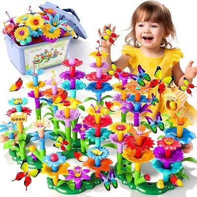 184Pcs Flower Garden Building Toys with Storage Box for Girls Ages 3-8 | 184pcs washable, BPA-free DIY flower garden stacking toy with storage box. Fun educational STEM gift for kids ages 3-8.