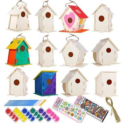 12 Pack Large DIY Bird Houses Kits for Kids, Kids Craft Kits Wood Houses for DIY Crafts Class Party, 12 Birdhouse Kits with 12 Paint Strips & Paintbrushes & Stickers for Children to Build & Paint (12)