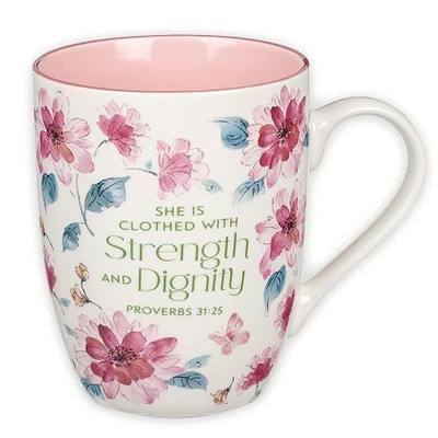 Christian Art Gifts Inspirational Ceramic Coffee & Tea Mug for Women: Strength & Dignity Encouraging Bible Verse Proverb, Microwave & Dishwasher Safe, White, Pink & Fuchsia Floral, 12 oz.