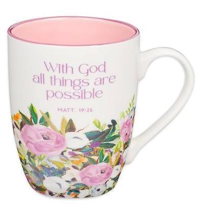 Christian Art Gifts Inspirational Ceramic Coffee & Tea Scripture Mug for Women: All Things are Possible Encouraging Bible Verse, Cute Microwave & Dishwasher Safe Drinkware, White & Pink Floral, 12 oz.