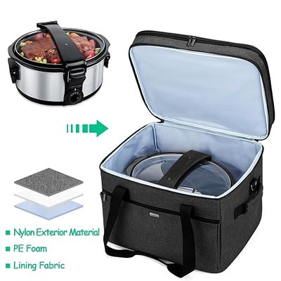 Yarwo Slow Cooker Bag Compatible with Crock-Pot/Hamilton Beach 8-10 Quart | Double Layers Slow Cooker Travel Carrier Case, Kitchen Ware Compartment, Padded Lining, Nice for Camping Picnic Family, Black