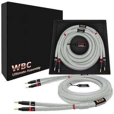 WORLDS BEST CABLES 6 Foot Ultimate - 9 AWG - Ultra-Pure OFC - Premium Audiophile HiFi Speaker Cable Pair with Eminence Gold Banana Plugs & Silver Tweed Jacket