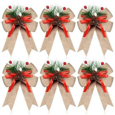 Syhood 6 Pcs Christmas Bows with Pine Cones Pine Needles Xmas Flaxen Bows Ribbon Christmas Tree Wreath Decoration for Xmas Parties Indoor Outdoor Crafts DIY Decor