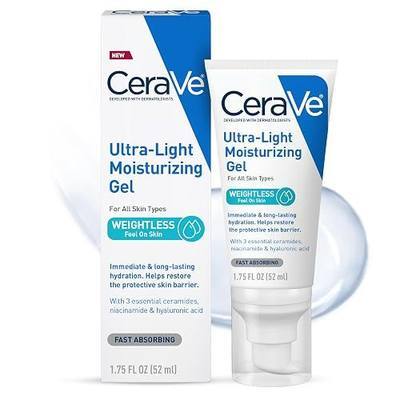 CeraVe Ultra-Light Moisturizing Gel, Hydrating Gel Face Moisturizer For Men & For Women with Ceramides, Niacinamide, Hyaluronic Acid, Fragrance Free, Oil-Free, Mattifying Moisturizer, 1.75 FL Oz