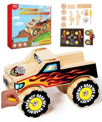 Little Jupiter DIY Wooden Kits w/Stickers - Kids Building Kit - Stem Toys for Ages 4-7 - Wood Crafts for Kids - Woodworking Kits (Monster Truck 1)
