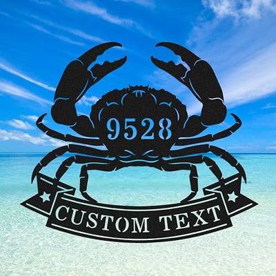 Personalized Crab Address Plaque House Number Sign - Custom Metal Crab Sign for Outdoor Use - Customized Crab Coastal Lake Beach House Decor Sign with Last Name Wall Art
