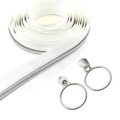 Leekayer #5 Silver Metallic Nylon Coil Zippers by The Yard Bulk 10 Yards White Zipper Tape with 25pcs Silver Ring Pull Sliders for DIY Sewing Tailor Craft Bag(White)