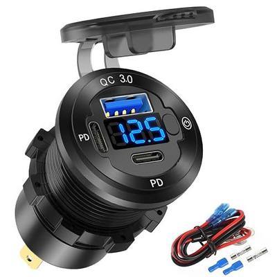 12V USB Car Socket Round USB C 12V Outlet, 3-Port Marine Fast Charger Waterproof Cigarette Outlet Replacement Aluminum with Switch & Voltmeter, Suitable for Boat Golf Cart RV Motorcycle Truck