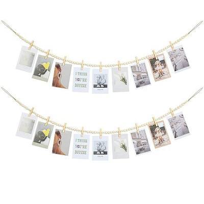KLOGTSIND Hanging Photo Display Wall Decor, 2PCS Boho Wooden Bead Garland Collage Picture Frame with 9 Wood Clips for Bedroom, Living Room, Office, Dorm Decor, Photos Holder Teen Girl Gifts
