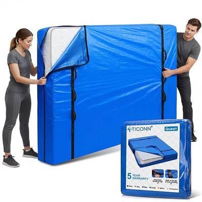 TICONN Mattress Bags for Moving, Heavy Duty Queen Mattress Cover Storage Bag with Full-Around Handle and Adjustable Buckles (Blue, Queen)