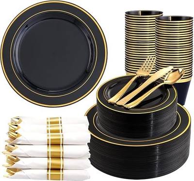 350 Pieces Black and Gold Plastic Plates with Disposable Silverware, Include 50 Dinner Plates 9”, 50 Dessert Plates 6.3”, 50 Black Cups 9 OZ, 50 Pre Rolled Napkins for Wedding/Party/Birthday/Halloween
