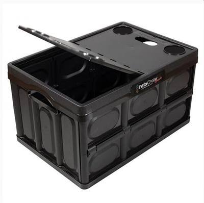 Greenmade InstaCrate Grande Black Collapsible Storage Container with Lid 16.5 Gallon Made in USA | Made in USA from recycled plastic, folds flat, stackable collapsed or expanded, hanging file rails, black