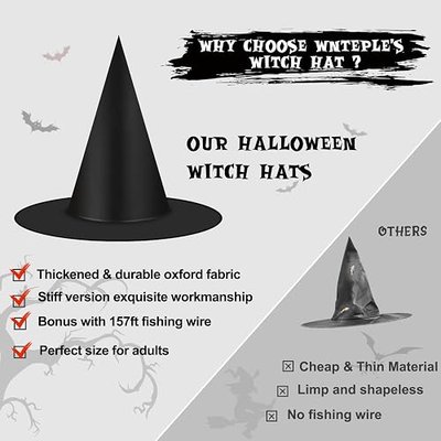 12 Pcs Halloween Decorations Witch Hat, Thickened Black Witch Hats Bulk Costume Accessory, Hanging Wizard Hat with Rope, Floating Witches Hats for Porch Yard Indoor Outdoor Decor Party Supplies