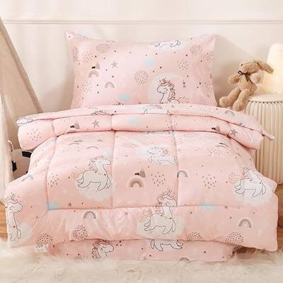 JSD Pink Unicorn Toddler Bedding Set, 4 Piece Bed-in-a-Bag | Soft Printed Microfiber Sheet Comforter Set for Girls, Oeko-Tex Certified, Washable