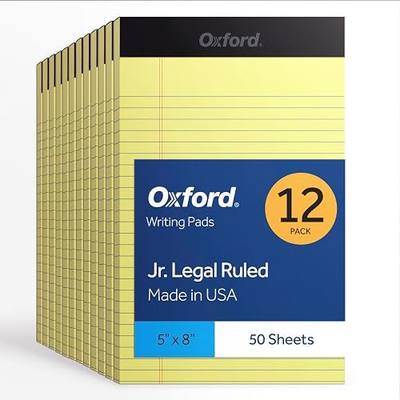 Oxford Premium Legal Pads, 12 Pack, Premium Note Pads, 50 Jr. Legal Ruled 5" x 8" Sheets, Canary Yellow Paper with Firm Back, Small Portable Notepads