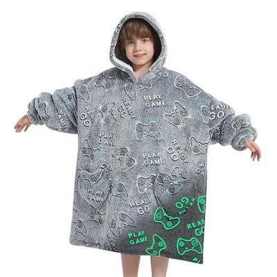 Wearable Blanket Hoodie for Kids Oversized Sherpa Blanket Hoodie for Kids Boys Girls Teens 6-13YR,Glow in The Dark Game Controller
