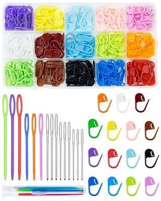 FIVEIZERO 220/900 Pieces Stitch Markers,with 15 Pcs Large Eye Blunt Sewing Needles,Colorful Crochet Stitchs Markers for Knitting Stitch Locking Clips Crochet Pins with Storage Box