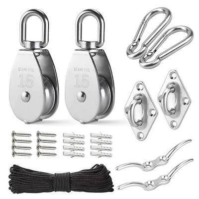 LAIWOO M15 Heavy Duty Stainless Steel Pulley Block, Rope and Hooks, 2 Pack | Includes eye pad plate and line cleat, corrosion resistant, for lifting, DIY and clothesline