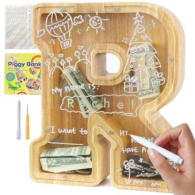 weallbuy Large A-Z Wooden Letter Piggy Bank for Kids Boys Girls | Wooden Personalized Piggy Banks A-Z with Target Area Clear Alphabet Banknote Coin Banks for Gift Decoration Baptism