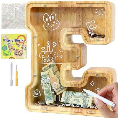 weallbuy Large A-Z Wooden Letter Piggy Bank for Kids Boys Girls | Wooden Personalized Piggy Banks A-Z with Target Area Clear Alphabet Banknote Coin Banks for Gift Decoration Baptism
