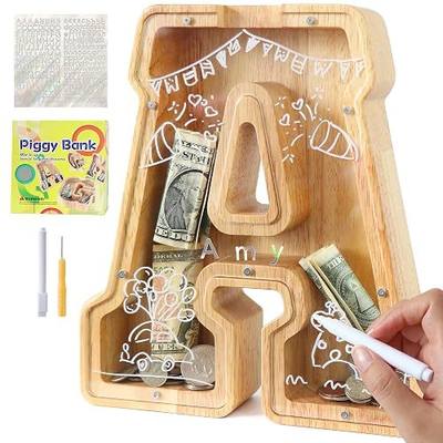 weallbuy Large A-Z Wooden Letter Piggy Bank for Kids Boys Girls | Wooden Personalized Piggy Banks A-Z with Target Area Clear Alphabet Banknote Coin Banks for Gift Decoration Baptism