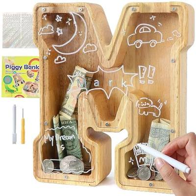 weallbuy Large A-Z Wooden Letter Piggy Bank for Kids Boys Girls | Wooden Personalized Piggy Banks A-Z with Target Area Clear Alphabet Banknote Coin Banks for Gift Decoration Baptism