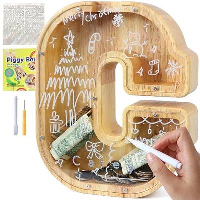 weallbuy Large A-Z Wooden Letter Piggy Bank for Kids Boys Girls | Wooden Personalized Piggy Banks A-Z with Target Area Clear Alphabet Banknote Coin Banks for Gift Decoration Baptism