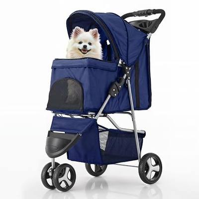 MoNiBloom Pet Stroller for Small/Medium Dogs and Cats up to 33 lbs, Blue | Foldable 3 Wheels Pet Strolling Cart w/ Storage Basket Weather Cover Cup Holder, Breathable and Visible Mesh for All-Season