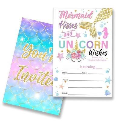 EUDOSI Unicorn Mermaid Birthday Party Invitations Supplies Fill-In Set of 20 with Envelopes Kisses and Unicorn Wishes Birthday Bash Invites Cards, Double Sided