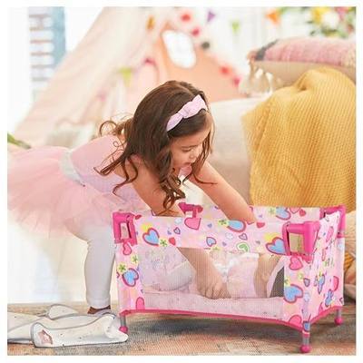 Toy Baby Doll Crib for 18'' Dolls, Cute Pink Heart Designed Baby Doll Bed with Carry Bag, Toy Crib Doll Furniture for 3 Years+ Girls (Pink)