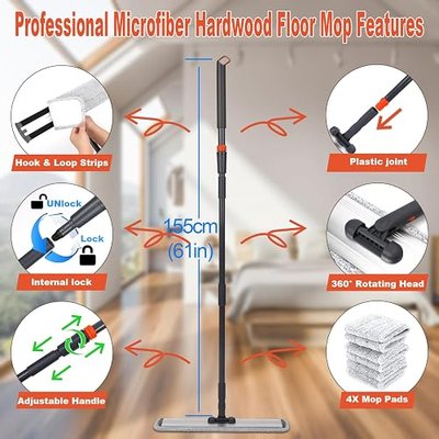 Professional 18 in Microfiber Mop Large Flat Mops for Floor Cleaning | 4 Reusable Washable mop Pads Hardwood Cleaning System Wet and Dust Mop with 61in Long Stainless Steel Handle