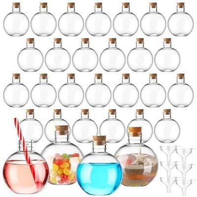 Jinei 30 Pcs 6 oz 200ml Ball Shape Plastic Sand Art Bottles Spherical Clear Plastic Potion Bottles Christmas Cocktail Ornament Balls for DIY Wedding Party Gift Crafts Decoration(Wood Color,Cork)