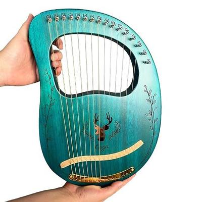 Lyre Harp, 16 Metal Strings,Whole Mahogany Body Made Without Splices, Easy to Carry Instrument, With Spare Strings, Bag,Picks, Tuning Lever, Music Manual(Blue)