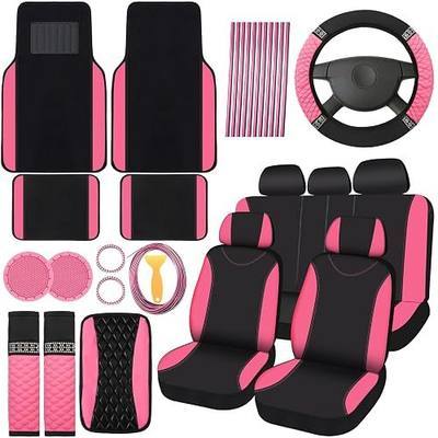 BBTO 43 Pcs Bling Car Accessories Set for Women Front Seats and Rear Bench Polyester Seat Protectors Steering Wheel Cover Floor Mats Full Crystal Automotive Interior Decor (Pink Black) HEE-230619-E