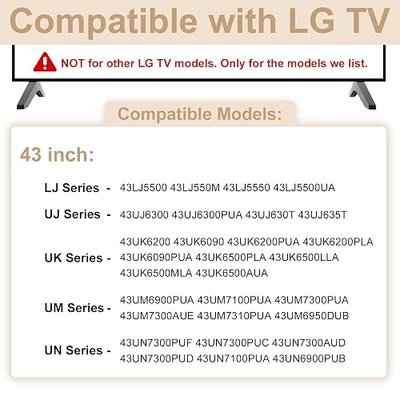 43 Inch TV Stand for LG TV Legs 43LJ5500 43UJ6300 43UJ635T 43UK6200 43UK6090 43UK6500 43UM6900 43UM7100 43UM7300 43UN7300 43UN7100 43UN6900 43UN6950 43UN6951 Replacement Legs for LG TV with Screws