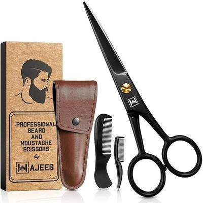 Beard & Mustache Scissors –5" Stainless Steel Grooming Kit with Case | Professional facial hair & beard trimming shear. Trims moustache, nose & eyebrows. Includes 2 mustache combs & travel pouch.