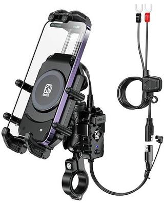 BRCOVAN Motorcycle Phone Mount with Qi Wireless & USB-C Charger | Qi 15W & PD 30W, Anti-Theft Handlebar Cellphone Holder with Vibration Dampener, Adjustable for 5.4-7.2'' Smartphone