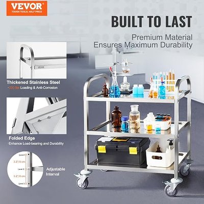 VEVOR Stainless Steel Cart, 3 Layers Lab Utility Cart 220 lbs Weight Capacity, Medical Cart with Lockable Universal Wheels, for Lab, Clinic, Kitchen, Salon