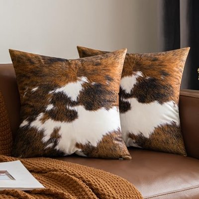 Woaboy Faux Fur Cowhide Throw Pillow Covers 22x22 Inch White Brown