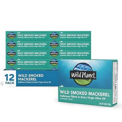 Wild Planet Wild Smoked Mackerel Fillets in EVOO, 3.9 Oz Can, Pack of 12 | Sustainably Caught Canned Mackerel in Extra Virgin Olive Oil. Non-GMO, Gluten Free, Kosher, Dairy Free, Keto & Paleo Friendly